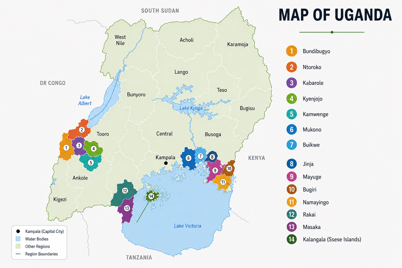 Uganda Cocoa Origin Map - 14 districts including Bundibugyo, Kalangala, Mukono, and more